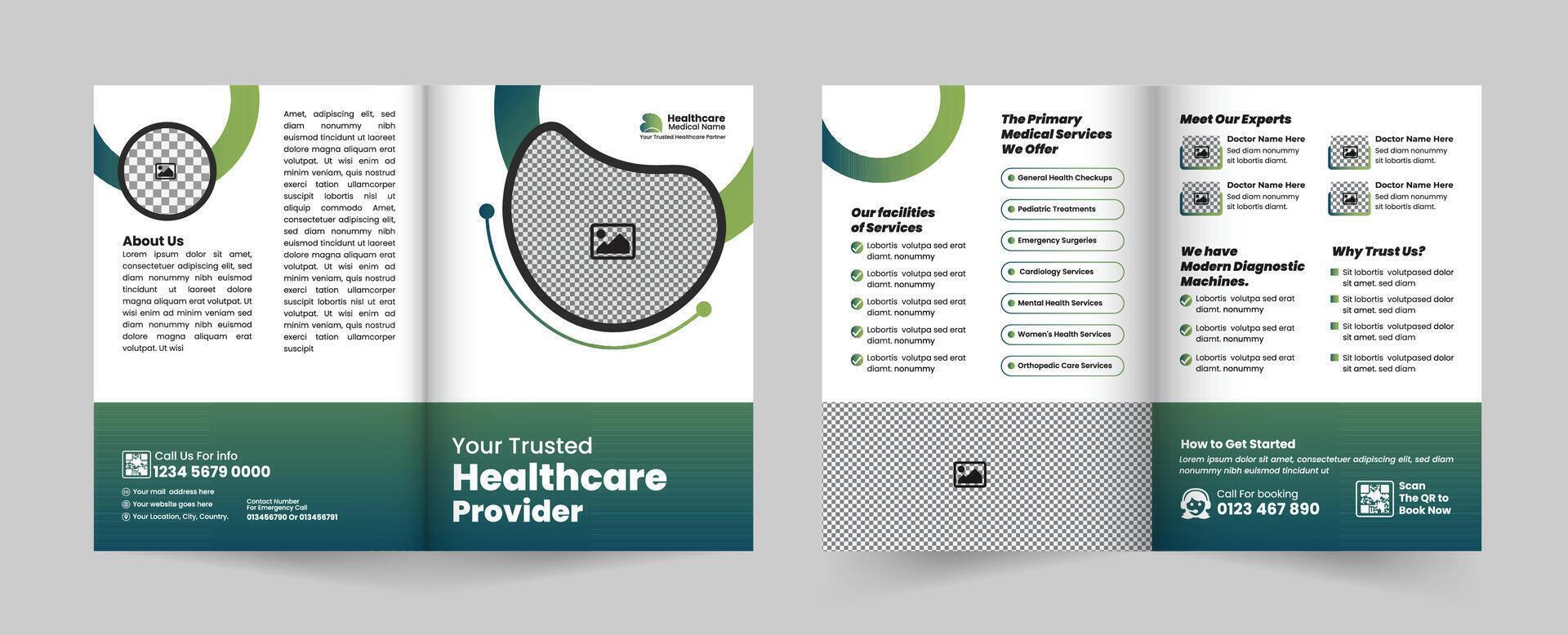 Clean and Professional Bifold Brochure Template for Medical and Healthcare Services - Suitable for Hospital Branding and Company Profile Design vector