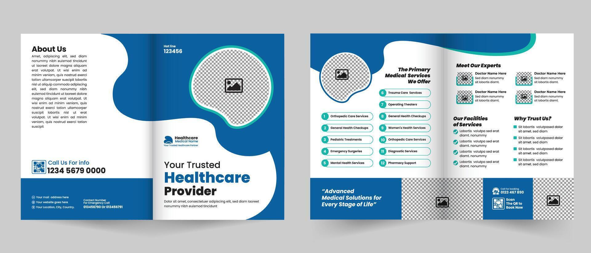 Professional Medical and Healthcare Bifold Brochure Design - Versatile Company Profile Template for Clinics, Hospitals, Doctors, and Healthcare Providers vector