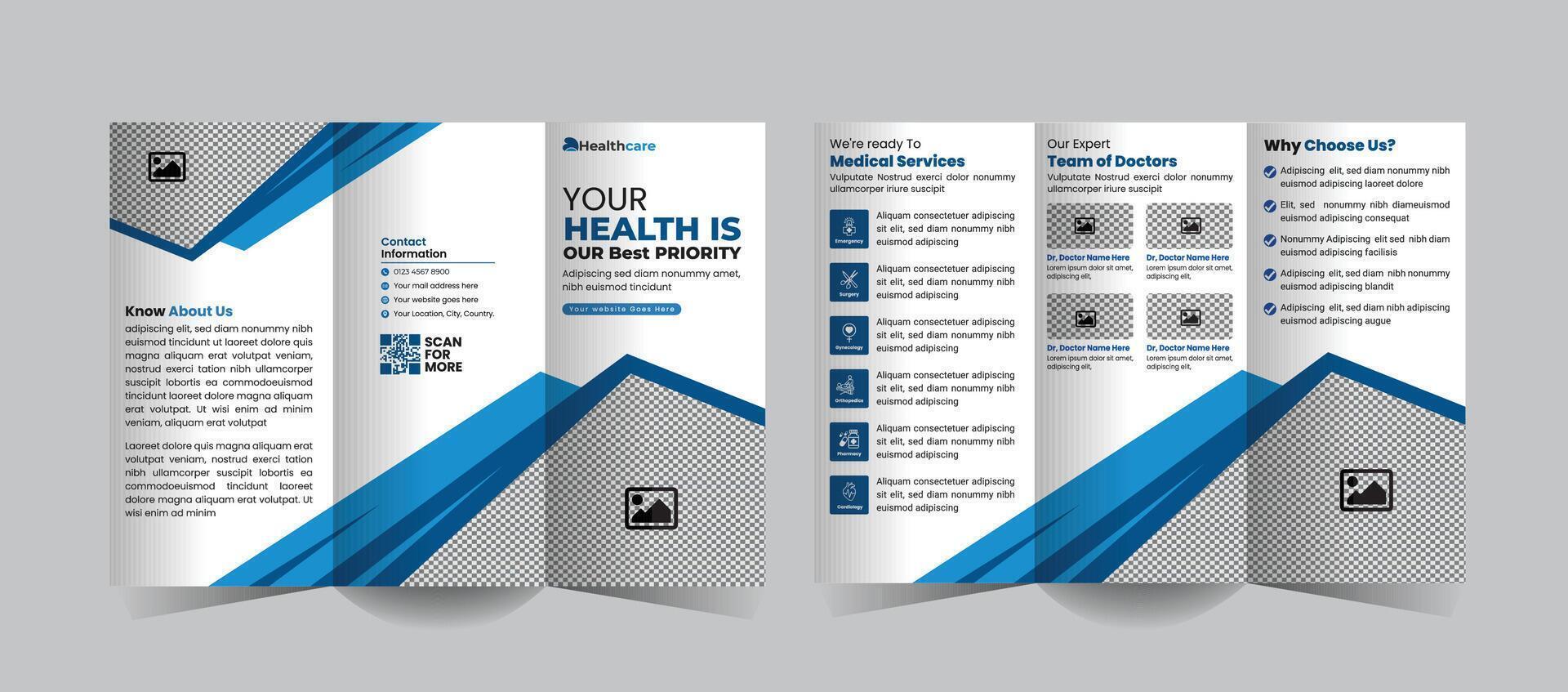 Hospitals and Clinics Tri-Fold Brochure Design ,Clean, professional for promoting medical services, treatments, or healthcare offerings to patients and the public. vector