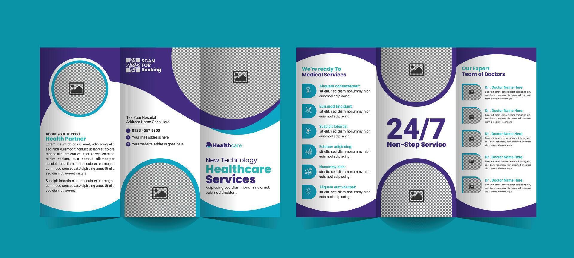 Sleek and elegant trifold brochure template for healthcare promotion, tailored for hospitals and clinics to showcase their services, specialties, and patient care in a visually appealing layout vector