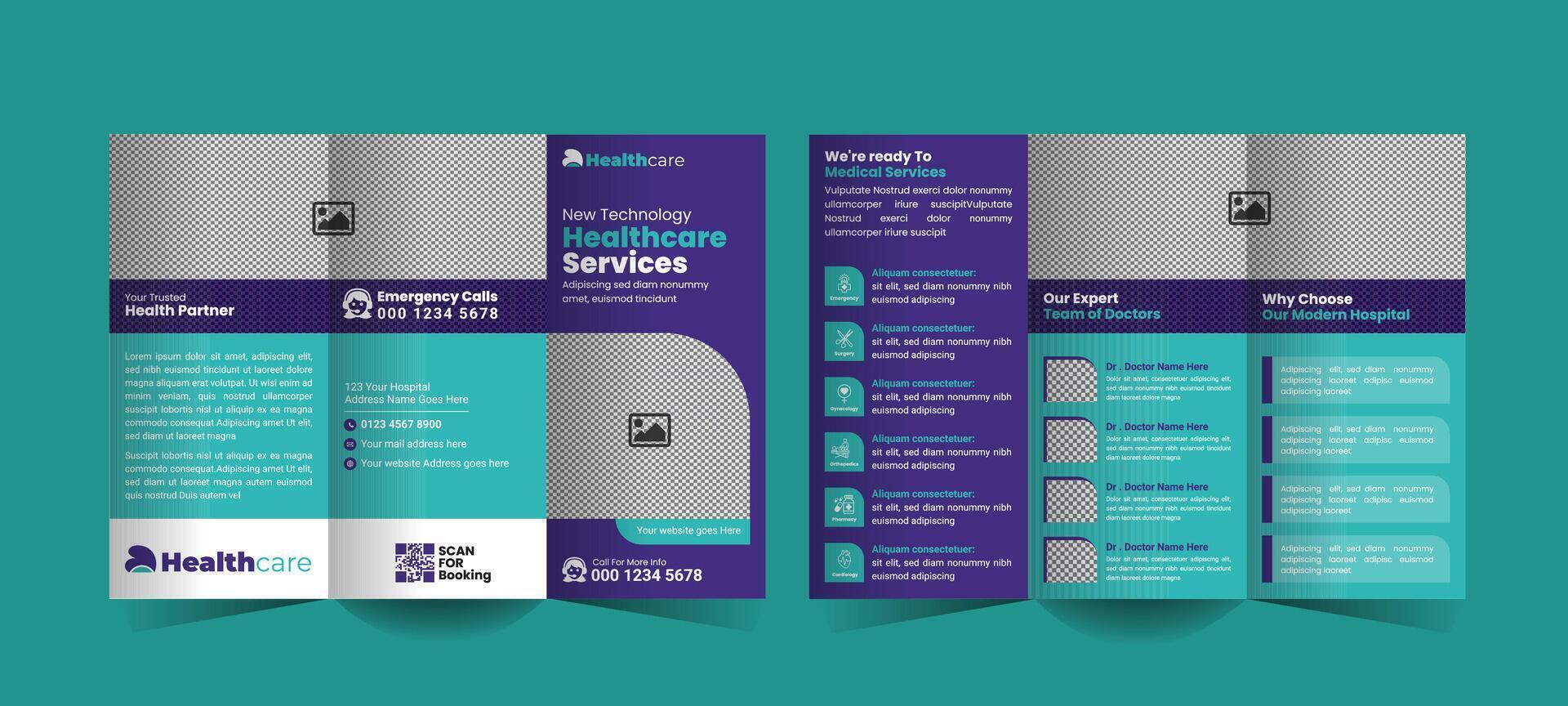 Trifold brochure template for medical and healthcare sectors, perfect for hospitals and clinics to promote services, facilities, and patient-centered care in a clear, engaging design vector