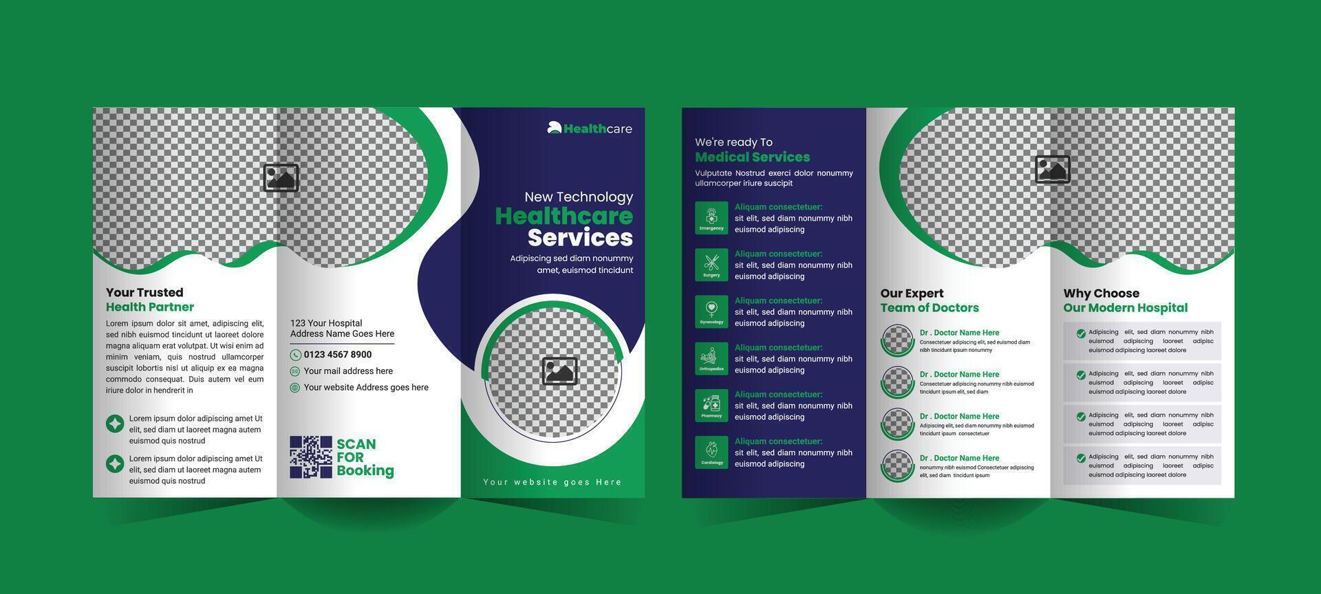 Trifold brochure design for medical and healthcare services, ideal for hospitals and clinics, highlighting services, patient care, and professional branding with clean, modern layouts vector