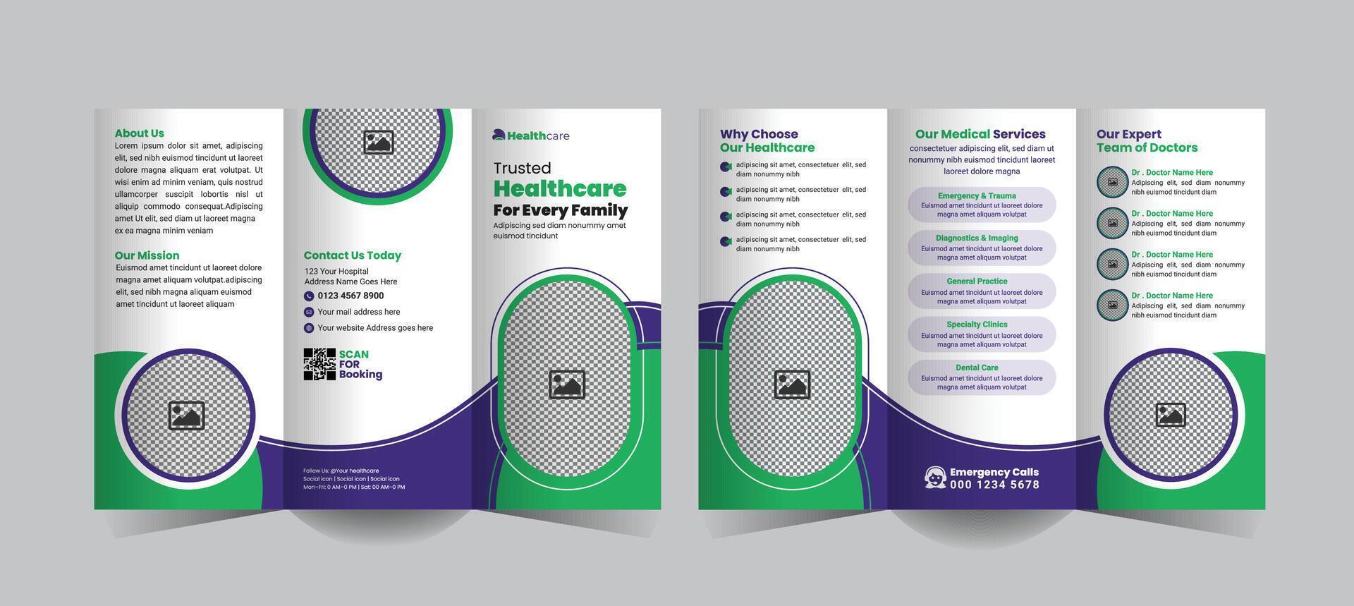 Trifold brochure design for healthcare providers, ideal for hospital and clinic services promotion, offering a clean layout to highlight medical expertise and patient-friendly facilities vector