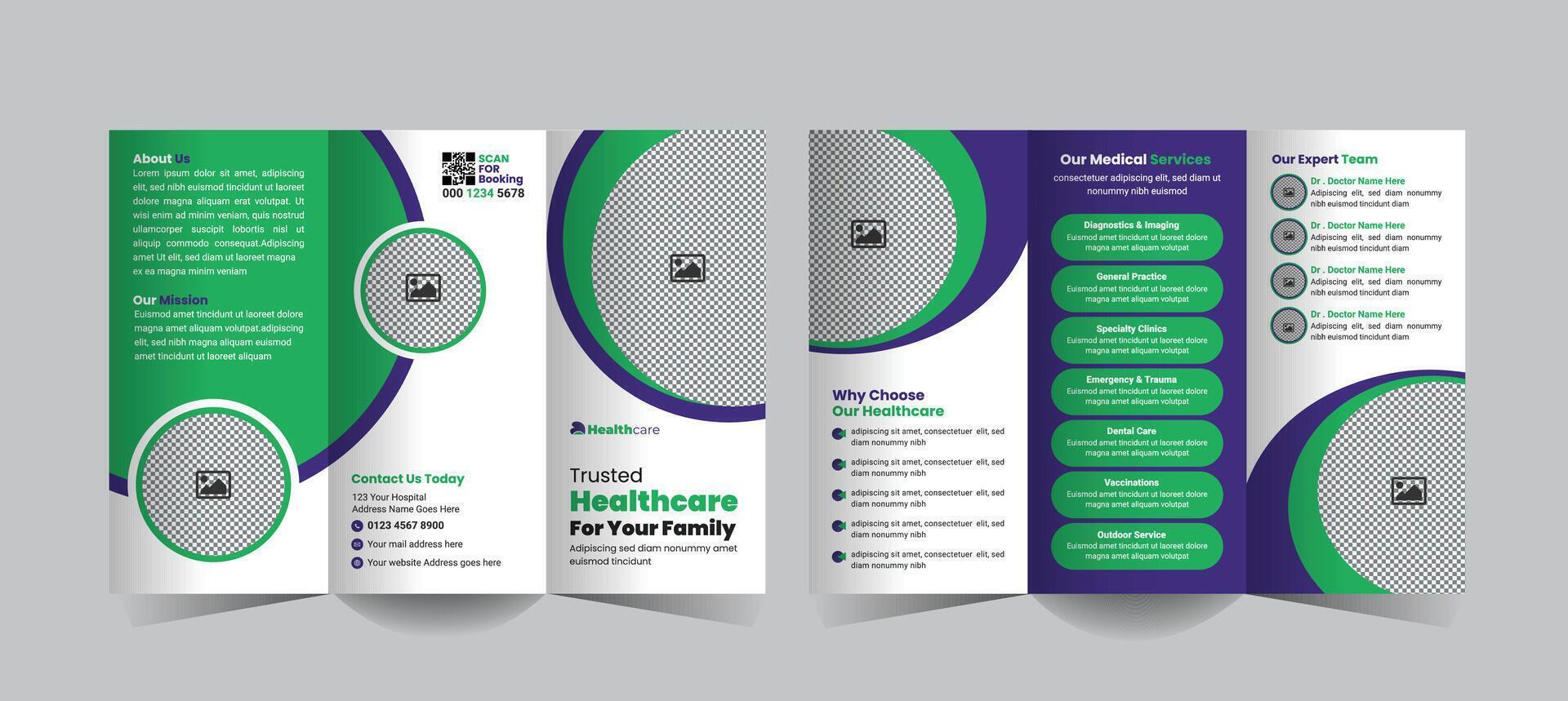Professional trifold brochure template for medical and healthcare sectors, perfect for hospitals and clinics to promote services, facilities, and patient-centered care in a clear, engaging design vector
