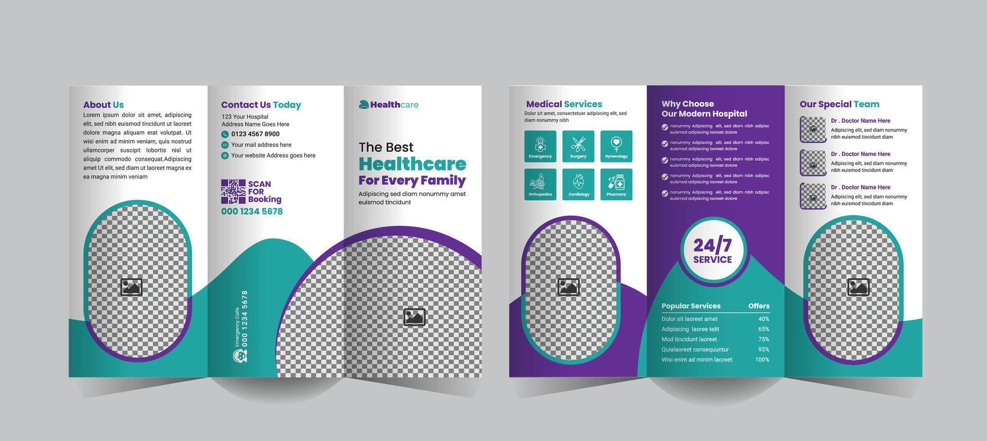 Modern trifold brochure design for medical services, perfect for hospitals and clinics, focusing on service promotion, patient benefits, and healthcare solutions with a professional layout vector