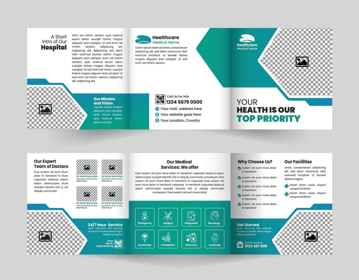 Clean and Creative Medical Four-Fold Brochure Template, Suitable for Health Centers, Hospitals, and Medical Services Promotion. vector