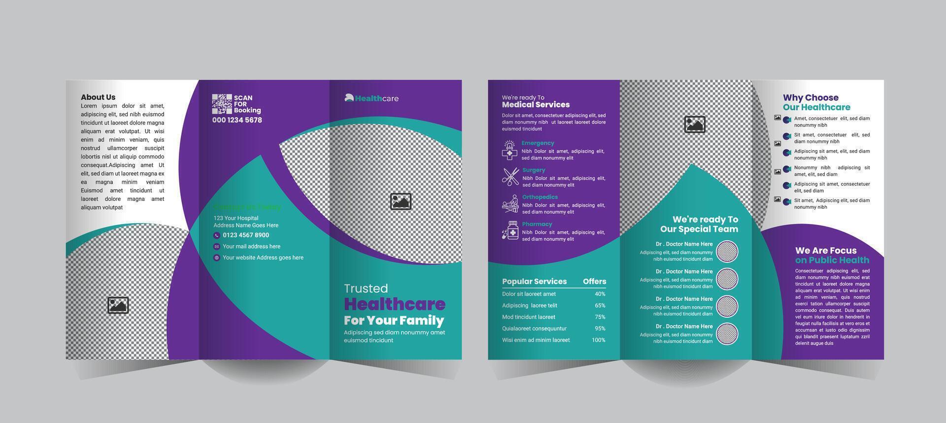 Medical and healthcare trifold brochure design template for promoting hospital and clinic services, showcasing key offerings, and enhancing patient engagement with clean, professional layouts vector