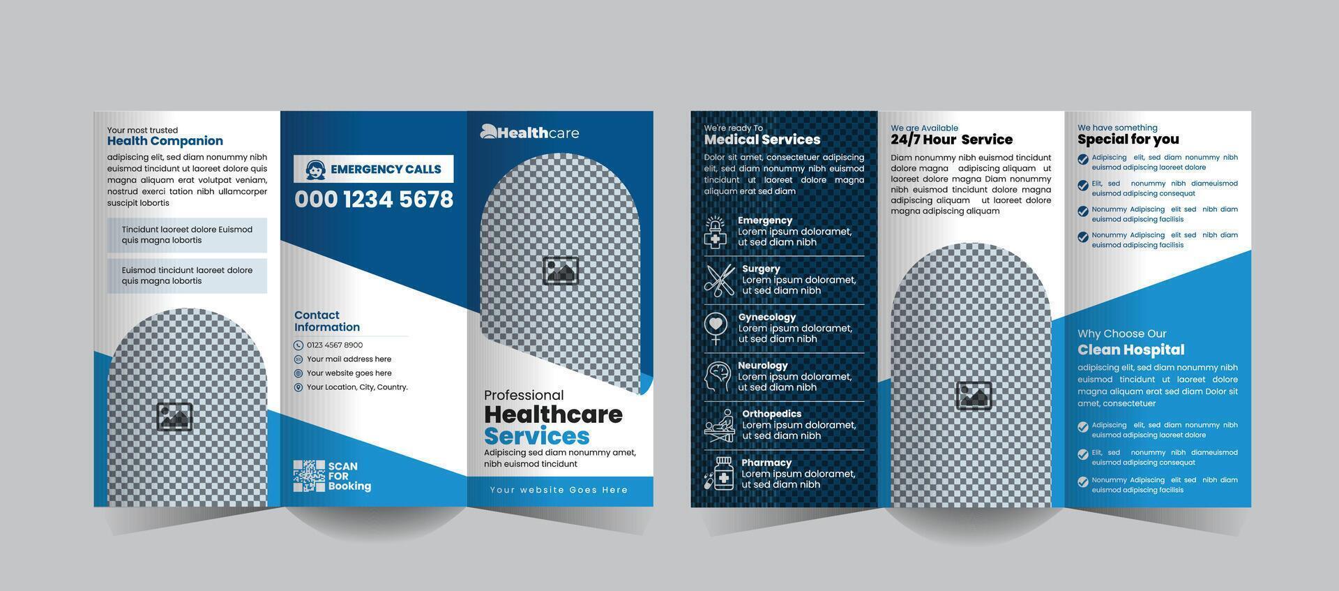 Hospitals and Clinics Tri-Fold Brochure Design, Clean, professional, and ideal for promoting medical services, treatments, or healthcare offerings to patients and the public. vector