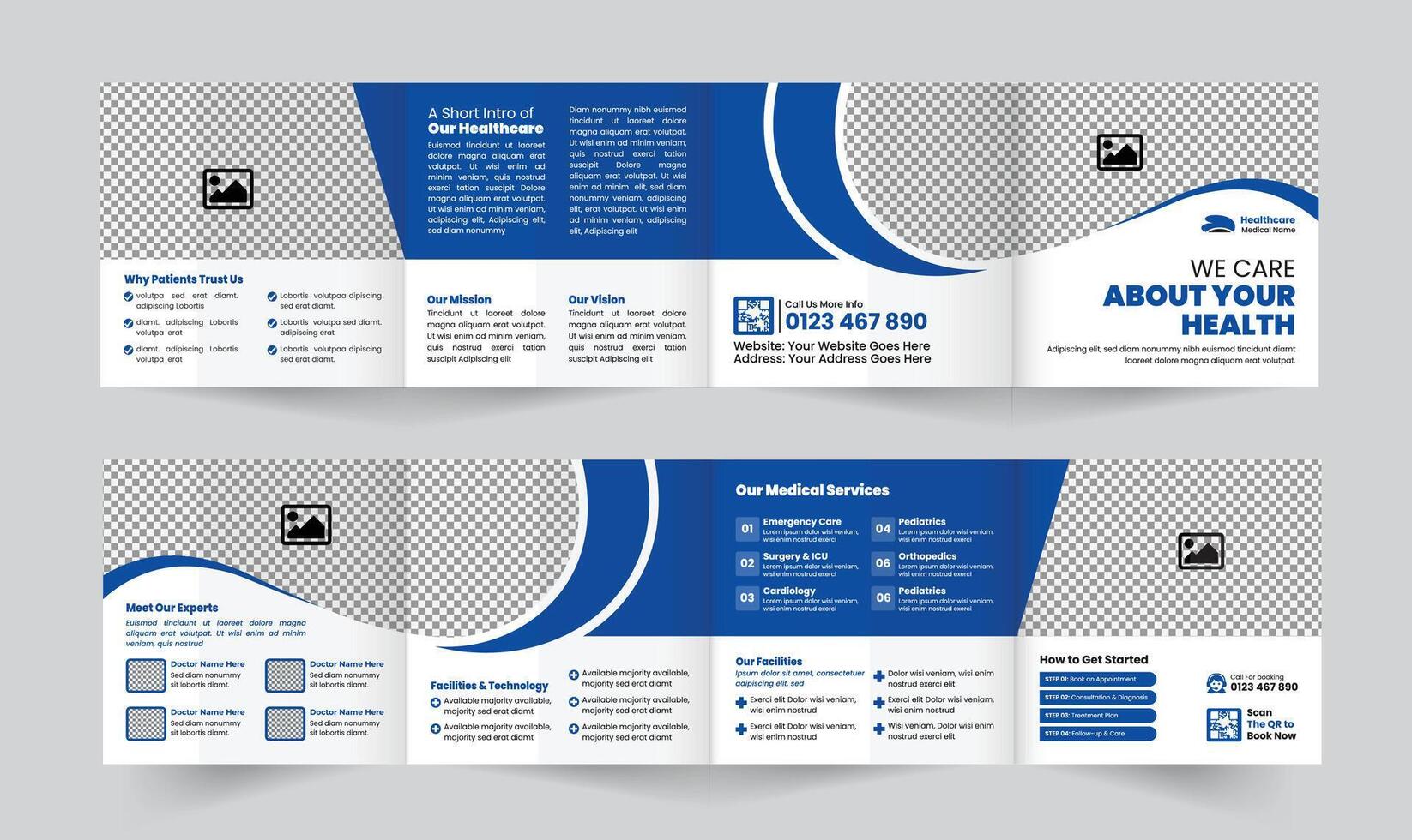 Medical and Health Services Square Four Fold Brochure Template, designed for private practices, health and care services. Fully editable, well-organized, and ready to print with premium quality vector