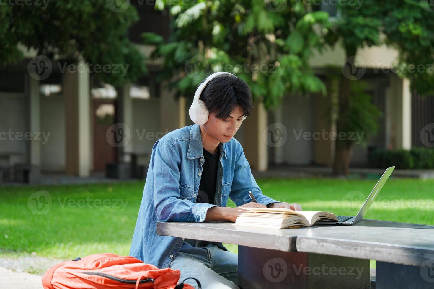 Young Asian male college student e-learning using laptop on the bench on campus. photo