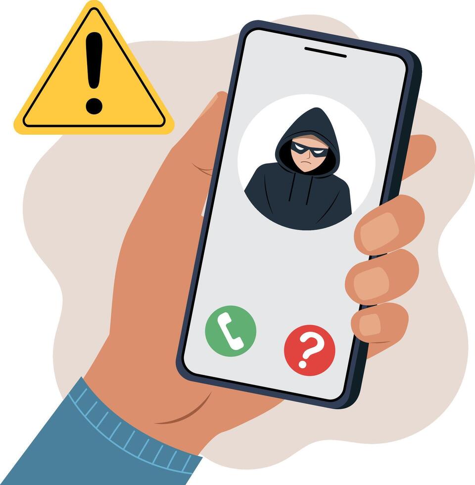 Illustration of an use smartphone with incoming call from unknown scammer vector