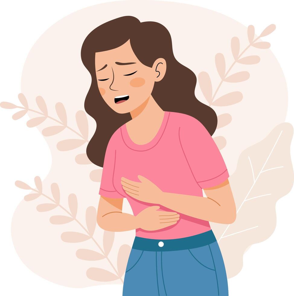 Illustration of a woman holding her stomach in a painful gesture. Stomach ache, cramps digestive problems. vector