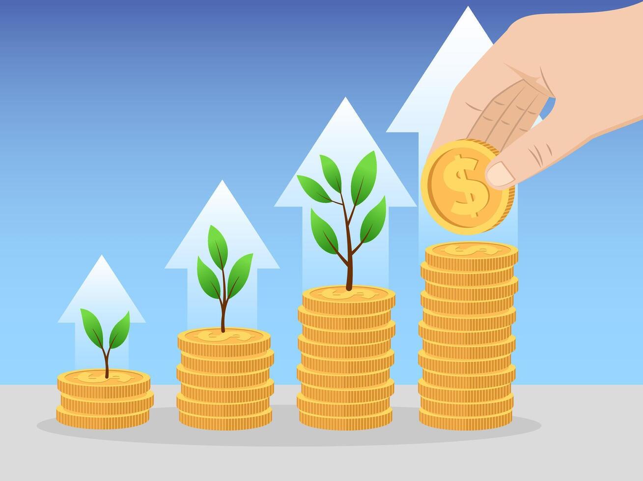 Illustration of one hand stacking coins using the concept of saving money and profit graph for financial business for future capital. vector