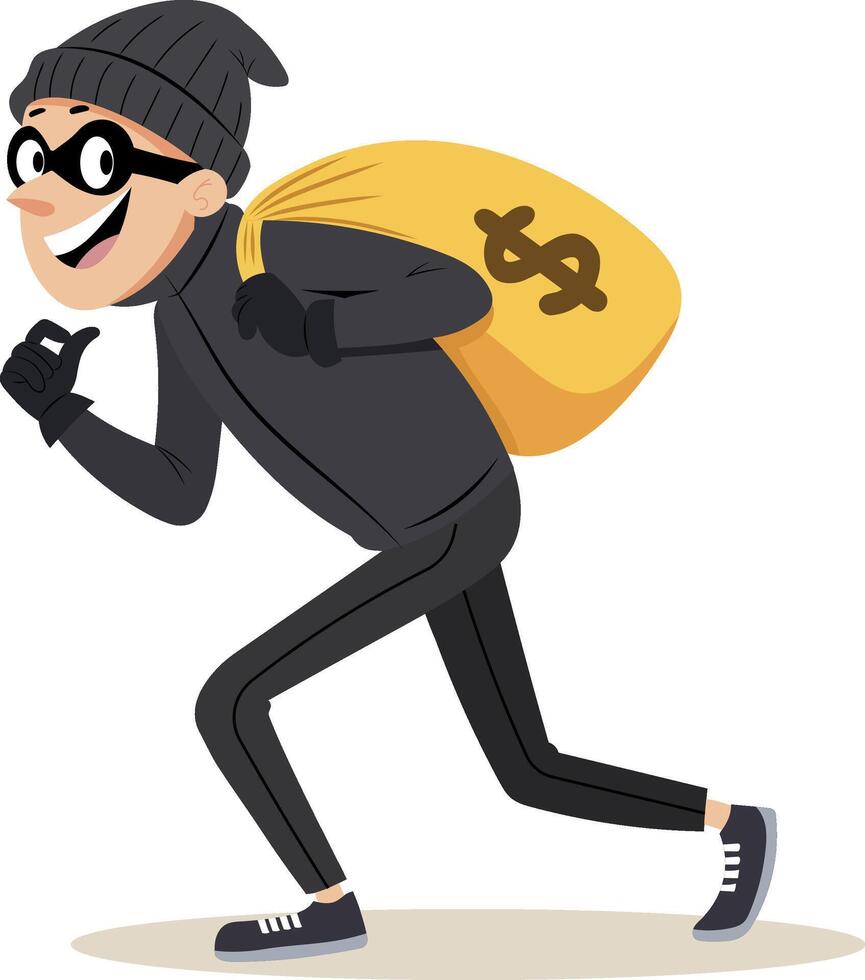 Illustration of a robber dressed in all black, carrying a large yellow sack with a dollar sign on it. vector