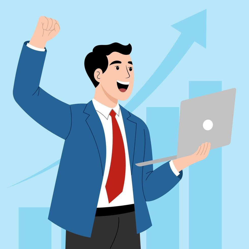 Illustration of successful and growing businessman with technology using laptop to generate income. vector