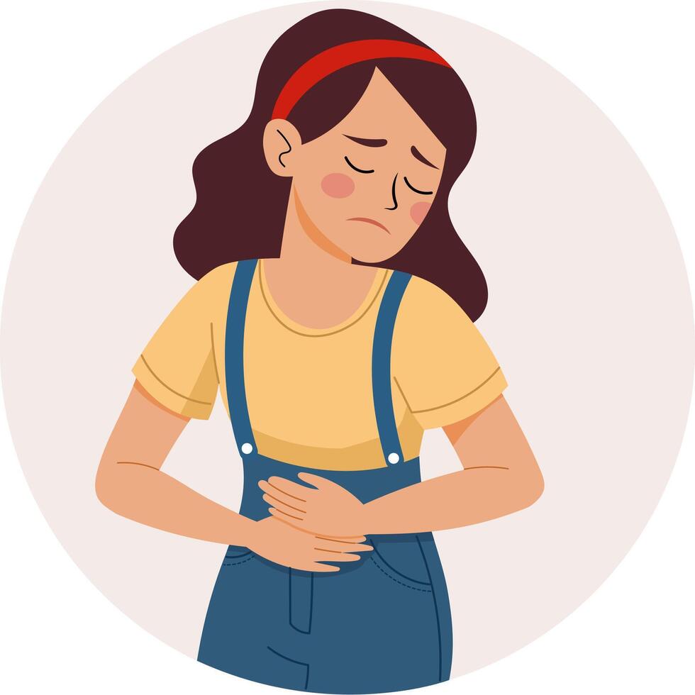 woman holding her stomach in a painful gesture. Stomach ache, cramps, or digestive problems. vector