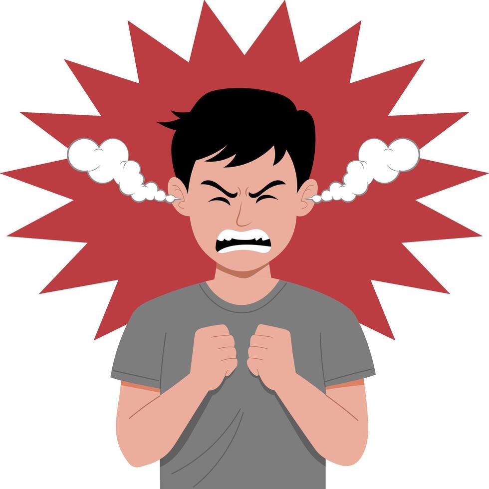 illustration of an angry young man. He clenches his fists near his chest. Steam is coming out of his ears, emphasizing his anger vector