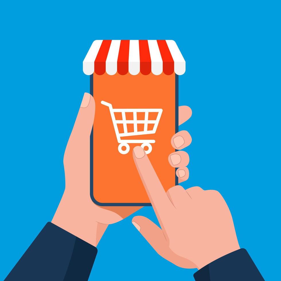 illustration of hand holding smartphone. Online shopping. Ecommerce platform. vector