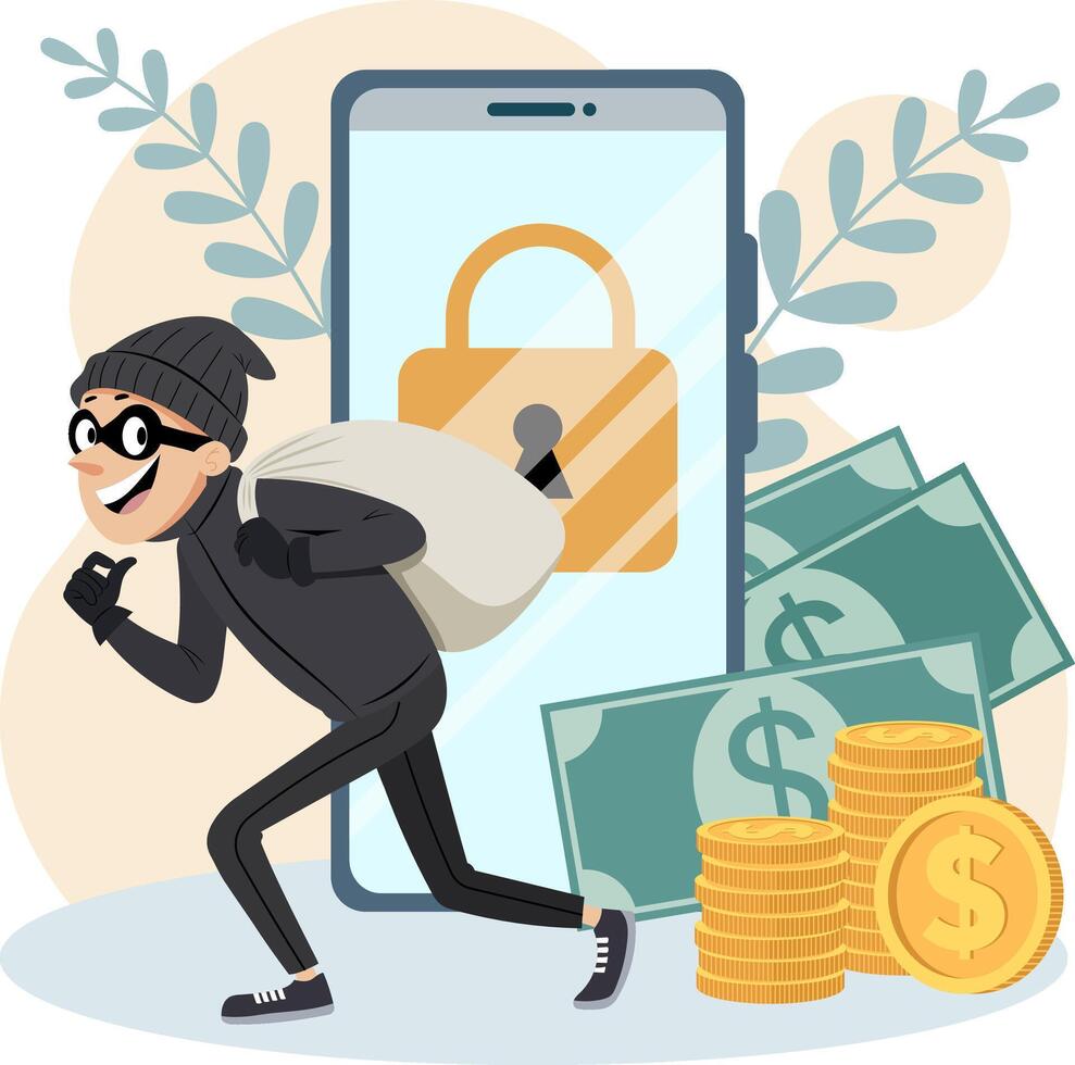 Illustration of a cyber thief coming out of a smartphone screen. In the background are piles of gold coins, credit cards and banknotes, which represents financial fraud or cyber crime. vector