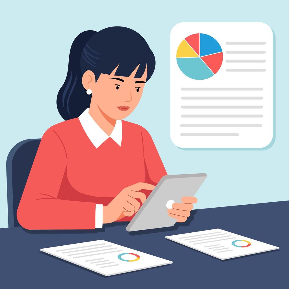 Illustration of data analysis, woman checking financial report on tablet and documents vector