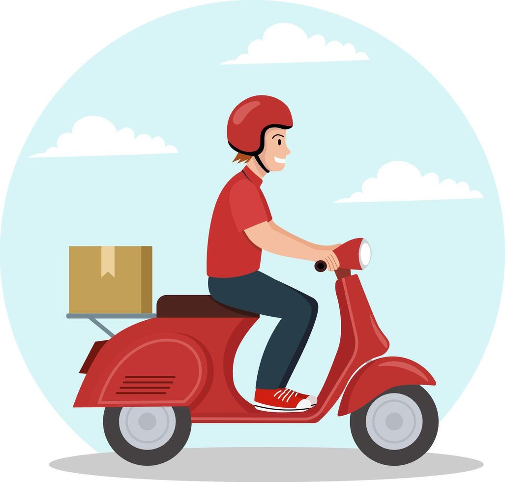 illustration of a young male delivery rider is riding a classic red scooter. The scooter has a delivery box attached to the back vector