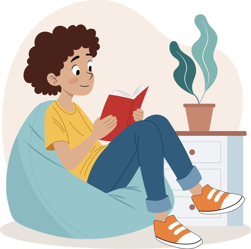Illustration of a boy sitting comfortably on a bean bag chair while reading a book. His pose is relaxed and focused. vector