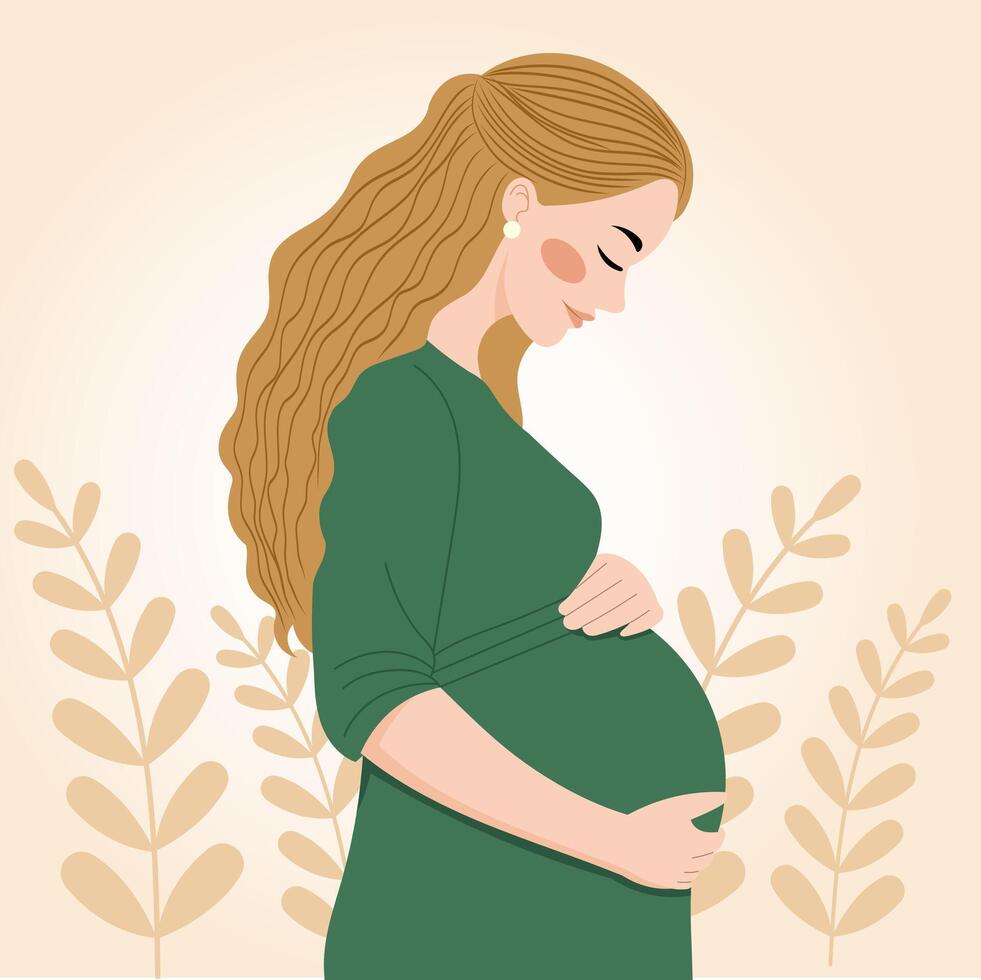 illustration of a pregnant woman with long, maternity dress. Her expression is serene and loving. vector