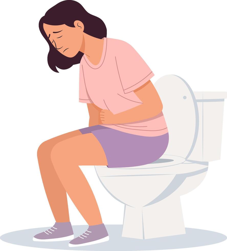 Illustration of a woman suffering from stomachache while sitting on the toilet. vector