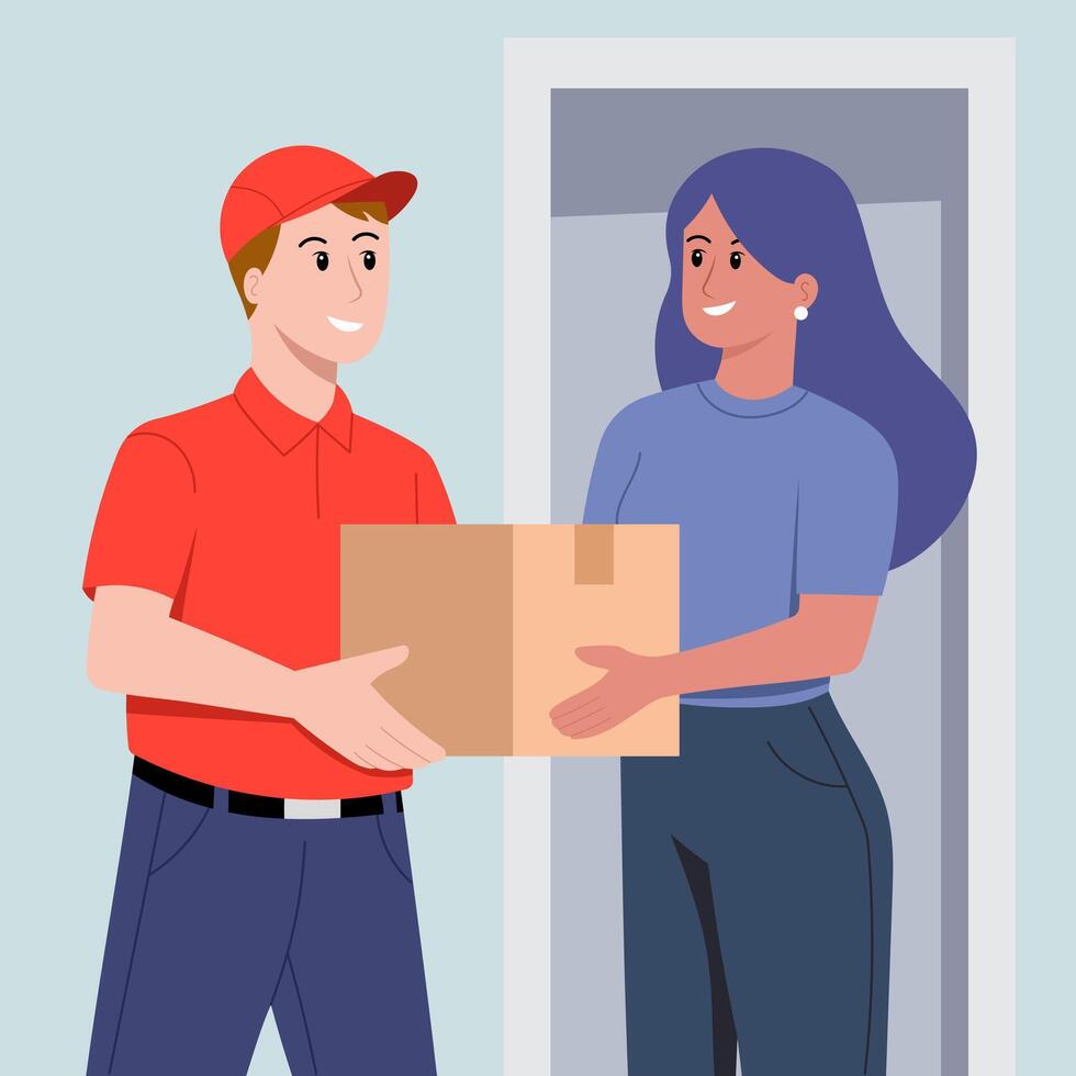 Illustration of a Fast and Reliable Package Delivery A Smiling Courier Hands Over a Package to a Happy Customer vector