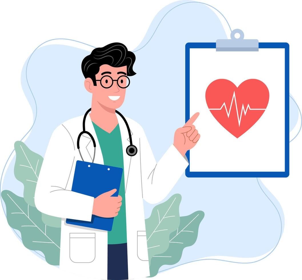Illustration of a Male Doctor Presenting Heart Health Medical Check-up and Cardiology vector