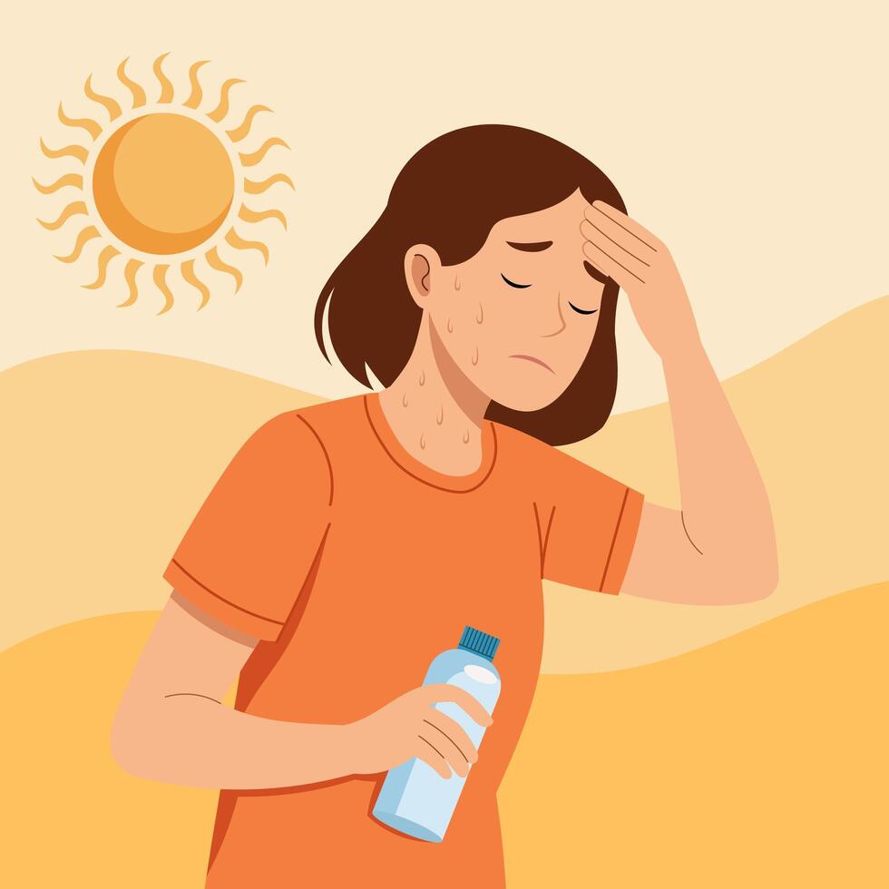 woman suffering from extreme heat under the sun, and is sweating profusely. wiping her forehead with one hand while holding a water bottle in the other vector