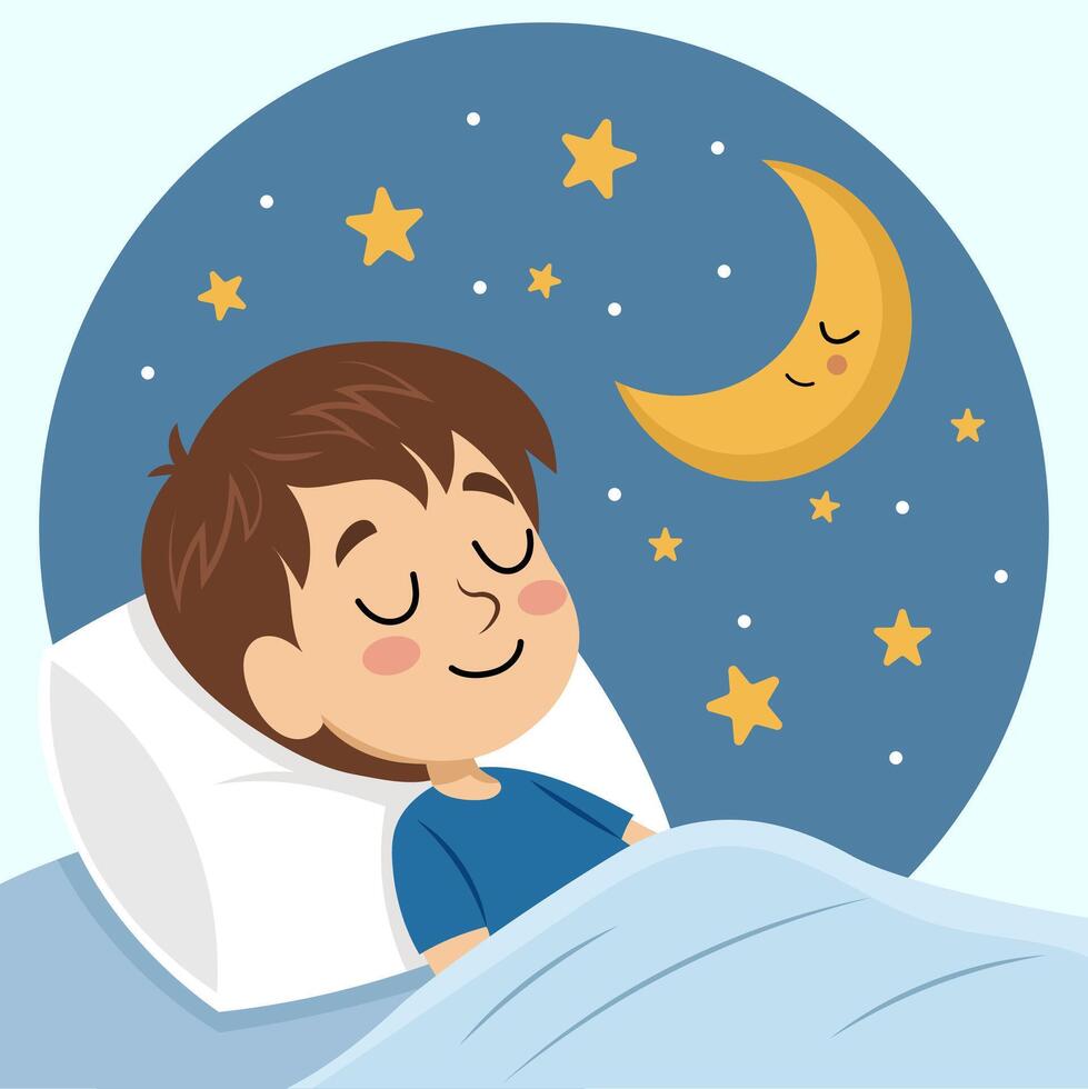 Illustration of a boy sleeping soundly on a bed. The background is a dreamy night sky with a crescent moon and stars. vector