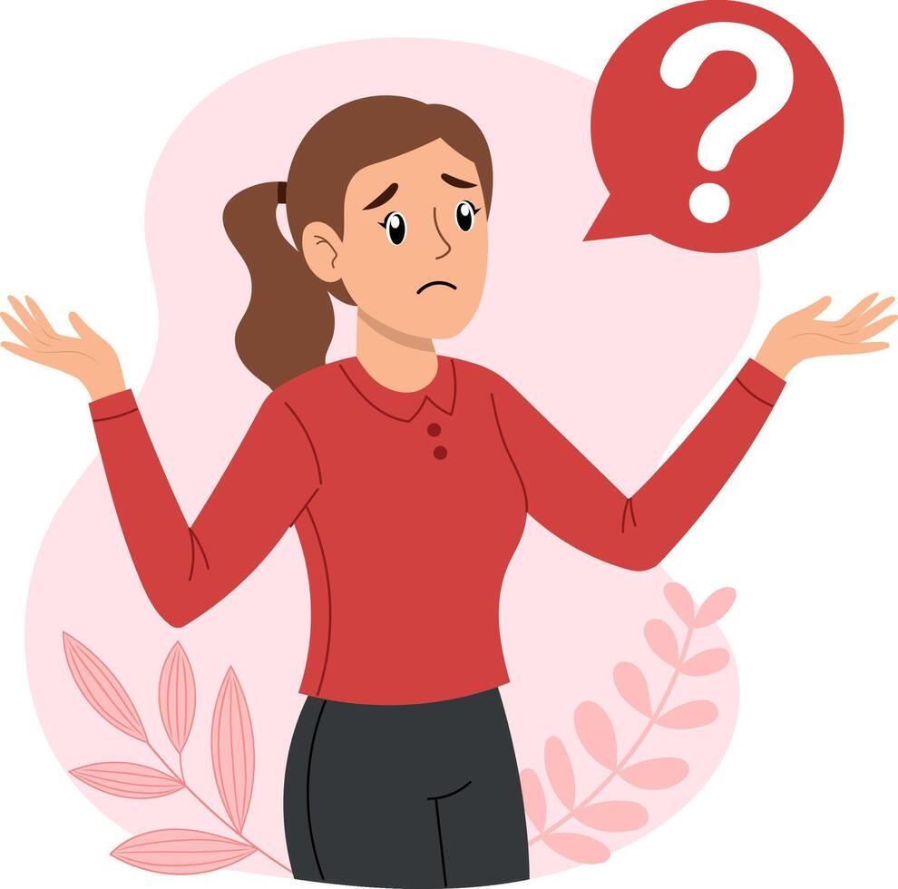 Illustration of a confused woman with a question mark next to her head vector