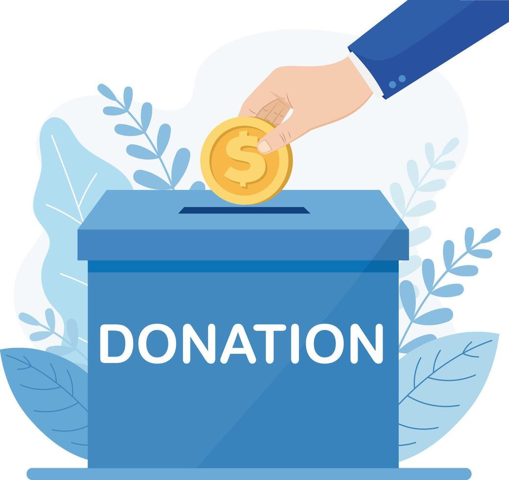 Illustration of a hand dropping a gold coin with a dollar symbol into a blue donation box, conveying the concept of charity, generosity and donating money. vector