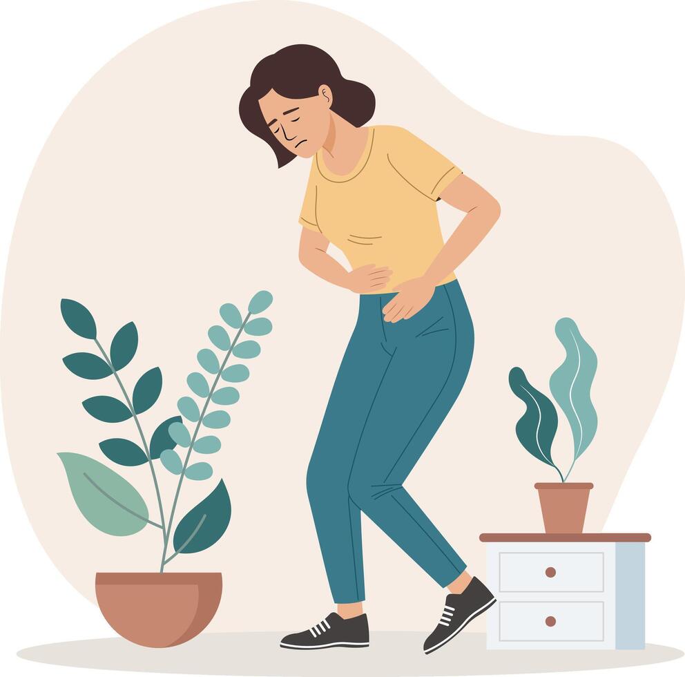 Illustration of a woman holding her stomach in a painful gesture. Stomach ache, cramps, or digestive problems. vector