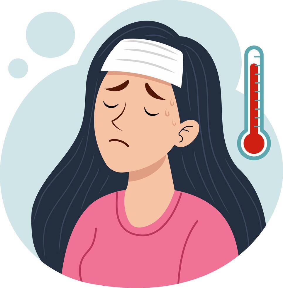 Illustration of a sick woman with long dark hair, looking exhausted and having a high fever, with a thermometer icon next to her. vector