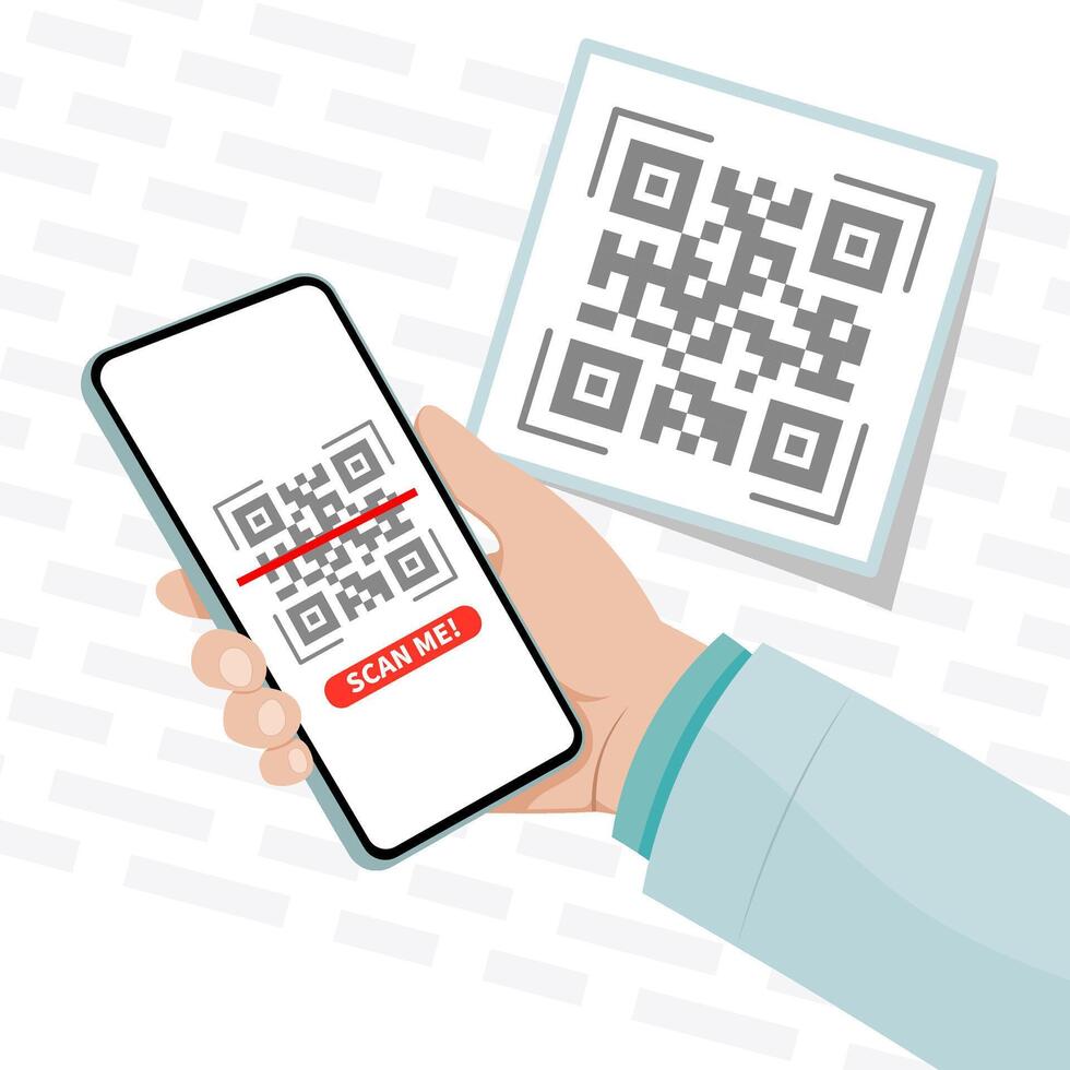 illustration of a hand holding a smartphone, scanning a QR code. vector