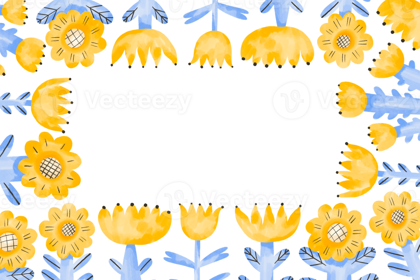 Horizontal frame with blue and yellow wildflowers. Simple border frame for greeting card, invitation, wedding design. Hand drawn watercolor card png