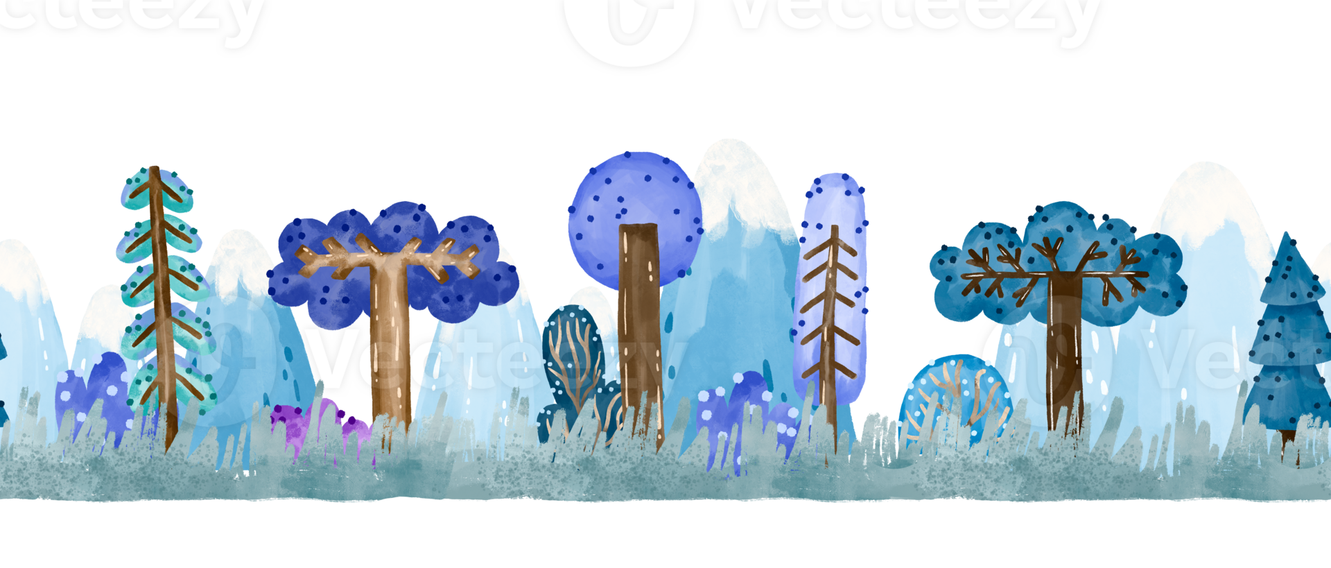 Mountain Border seamless pattern with cartoon forest trees, fir, spruce on grass. Watercolor hand drawn background. Cartoon illustration png