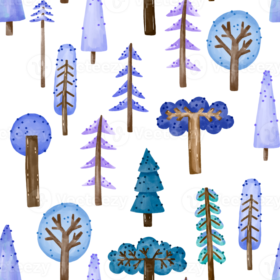 Winter trees seamless pattern on isolated background. Snowy forest landscape png