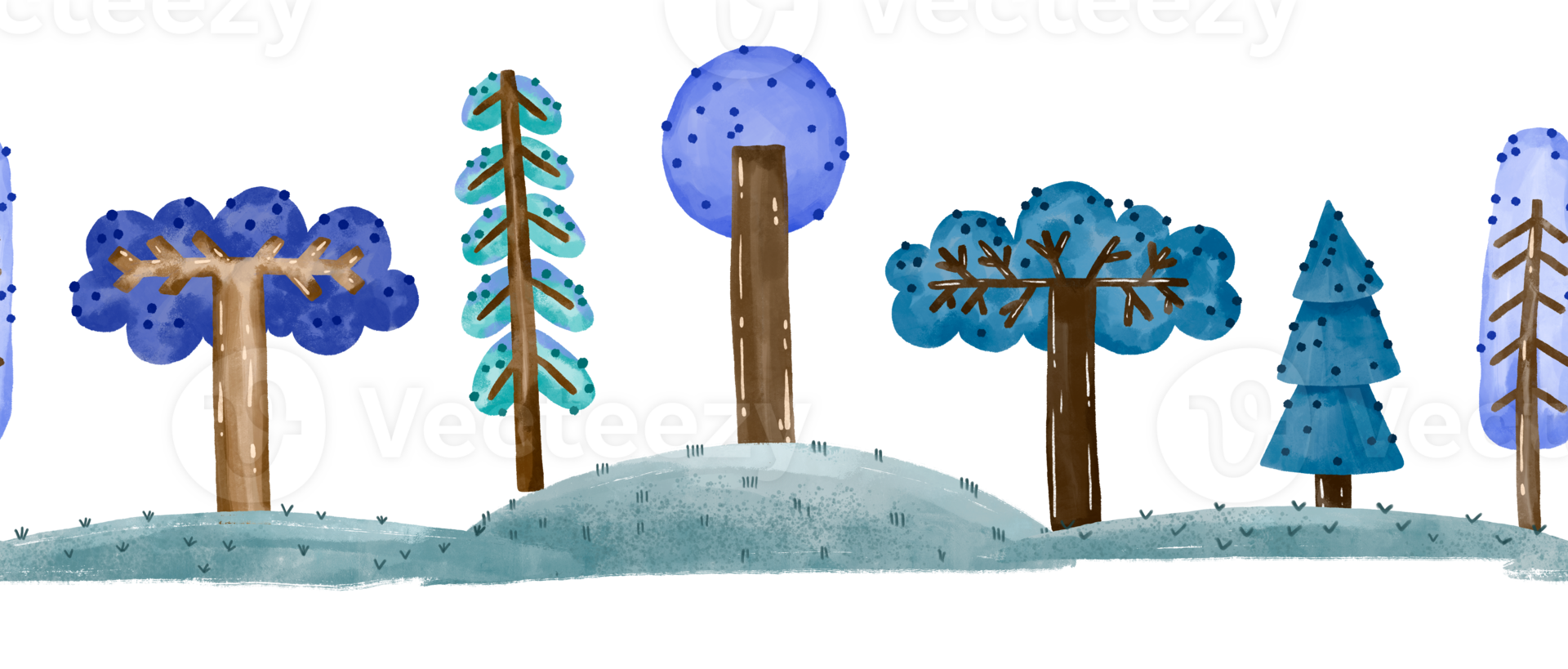 Border seamless pattern with forest trees, fir, spruce. Watercolor hand drawn background. Cartoon illustration png