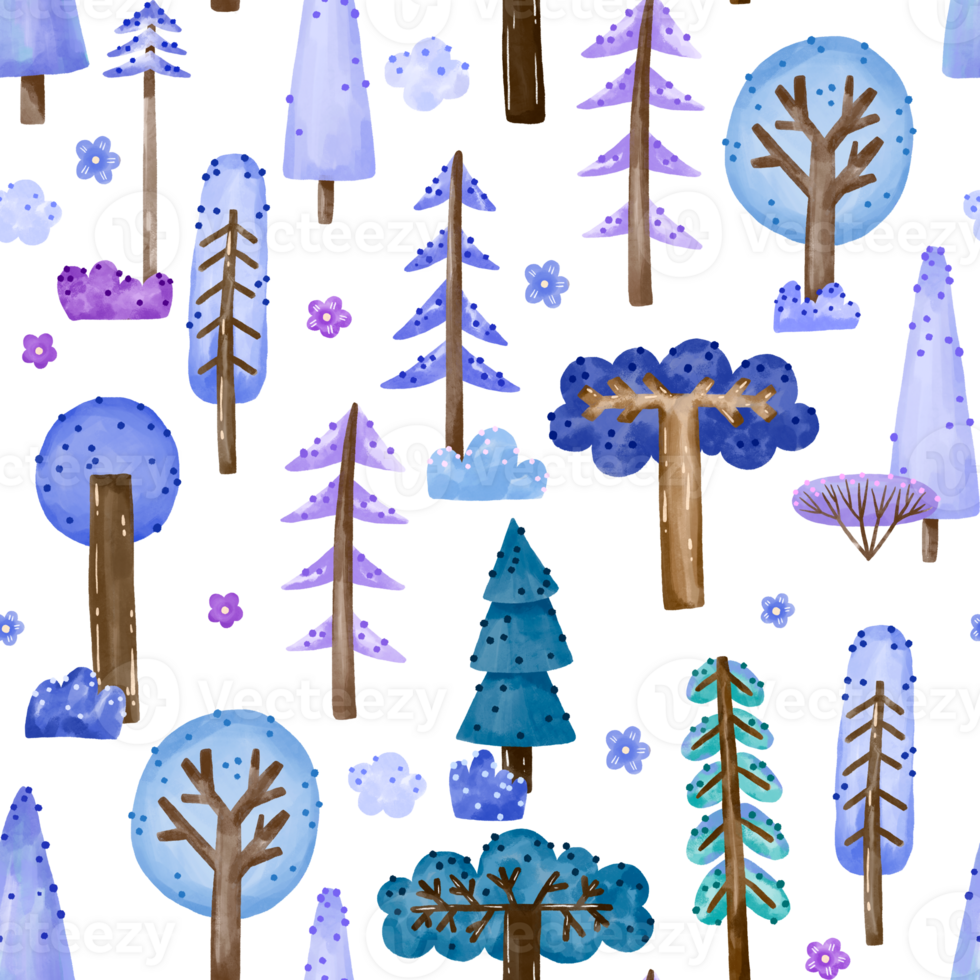 Winter endless background. Fir, spruce Magic watercolor trees illustration, fairy forest hand drawn collection on isolated background png