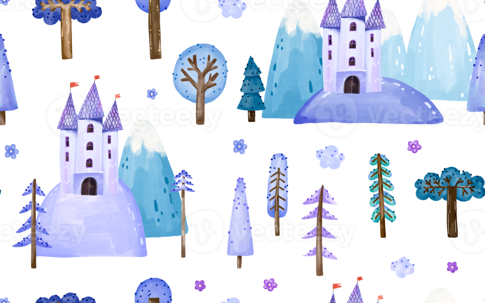 Seamless pattern with old castle, mountains, watercolor magic fairy forest. Tree background. Nature. Perfect for decor, wrapp, textile png