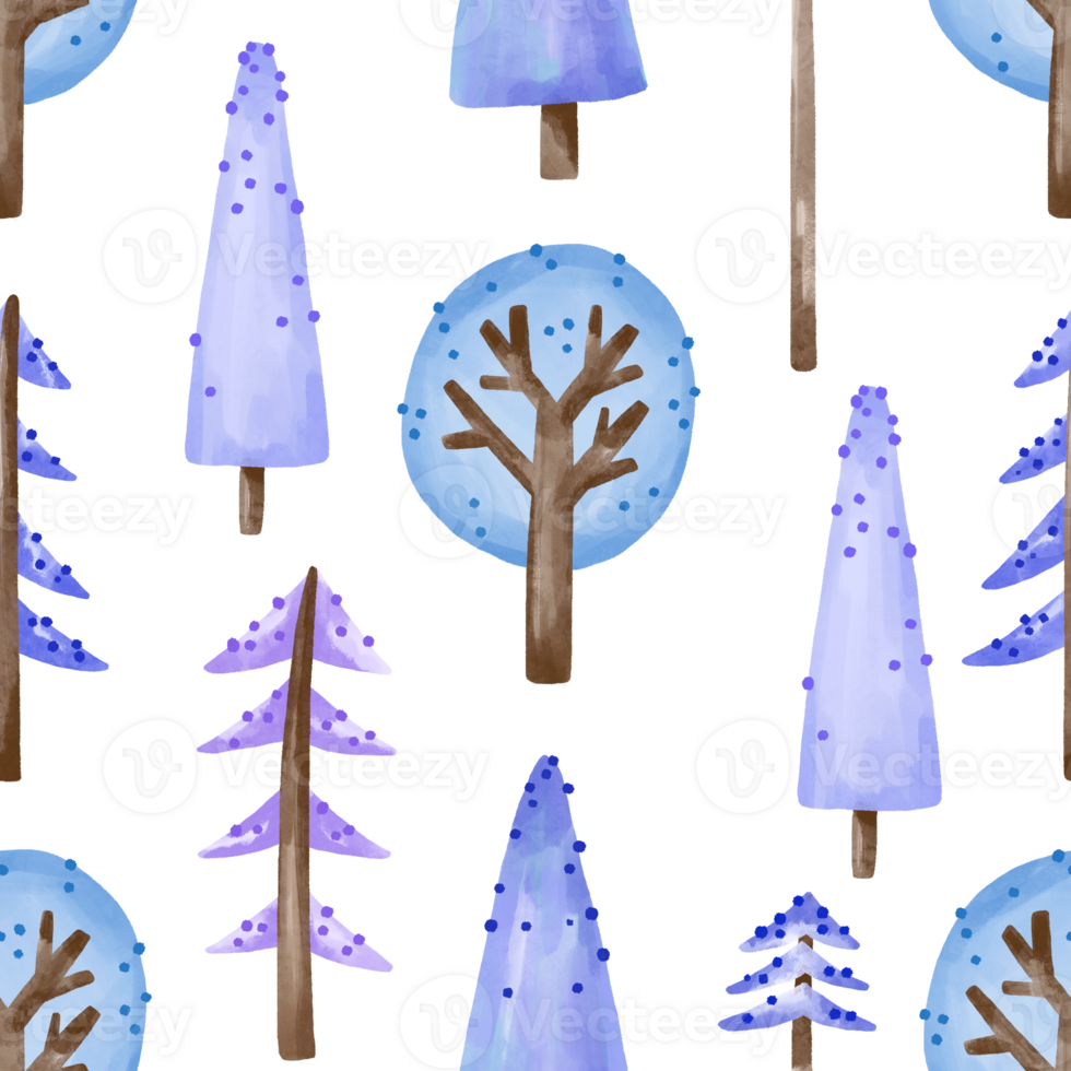 Winter trees seamless pattern on isolated background. Snowy forest landscape. Baby background png