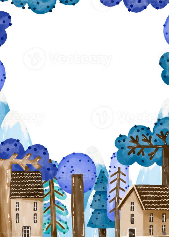 Baby shower template. Vertical greeting card with mountains, houses and trees. Fairy landscape invitation. png