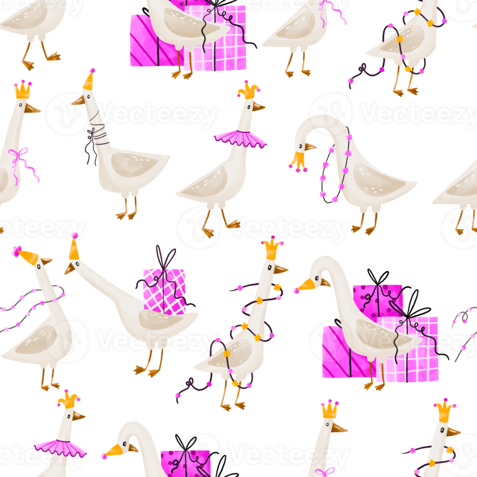 Geese Seamless pattern. Endless background of white duck with birthday hat, and king crown . Birthday celebrating hand drawn watercolor illustration on isolated background png