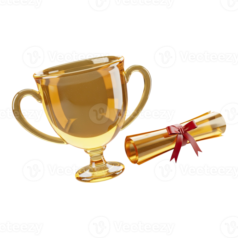 Golden trophy cup and rolled diploma with red ribbon, achievement and success concept png
