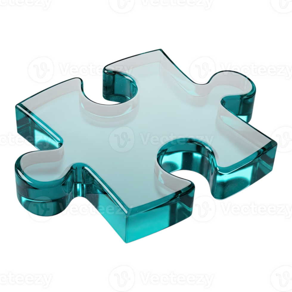 Single glossy translucent teal puzzle piece, a clear glass like 3d visual png
