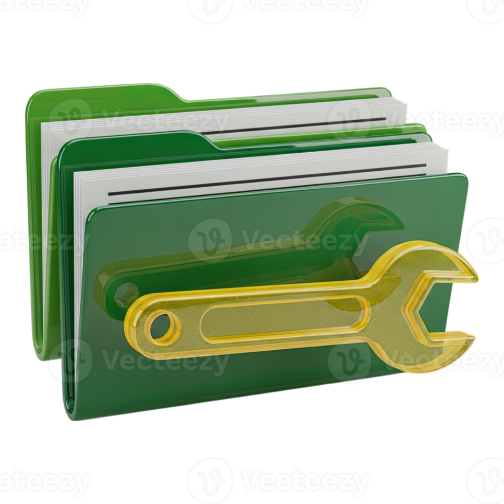 Green file folders with yellow wrench icon for system settings and document management png