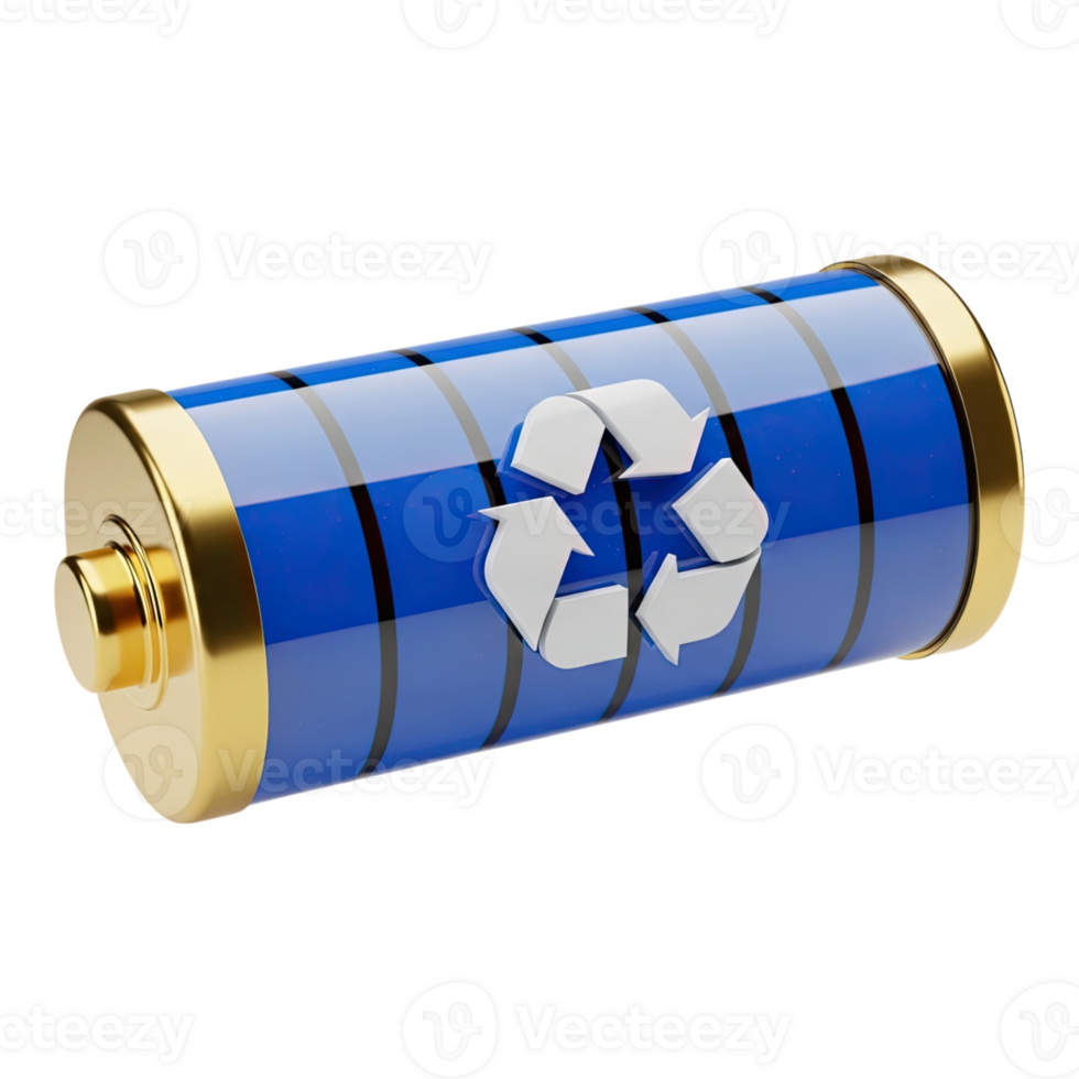 Eco friendly blue and gold cylindrical battery with recycling symbol and full charge png
